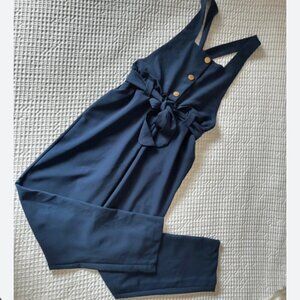 Zara Gold Button Belted Jumpsuit Navy Blue Size Medium
